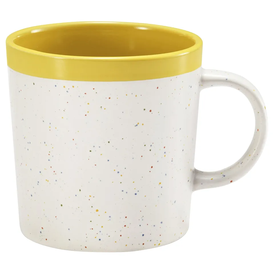 BATIKBOTIA mug, white with yellow rim, irregular speckled design, ceramic stoneware, round shape with sturdy handle.