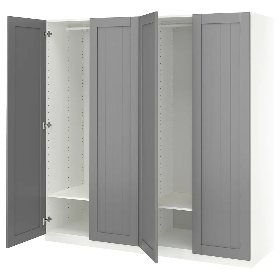 A grey IKEA PAX wardrobe with open doors, revealing shelves and a hanging rod inside.
