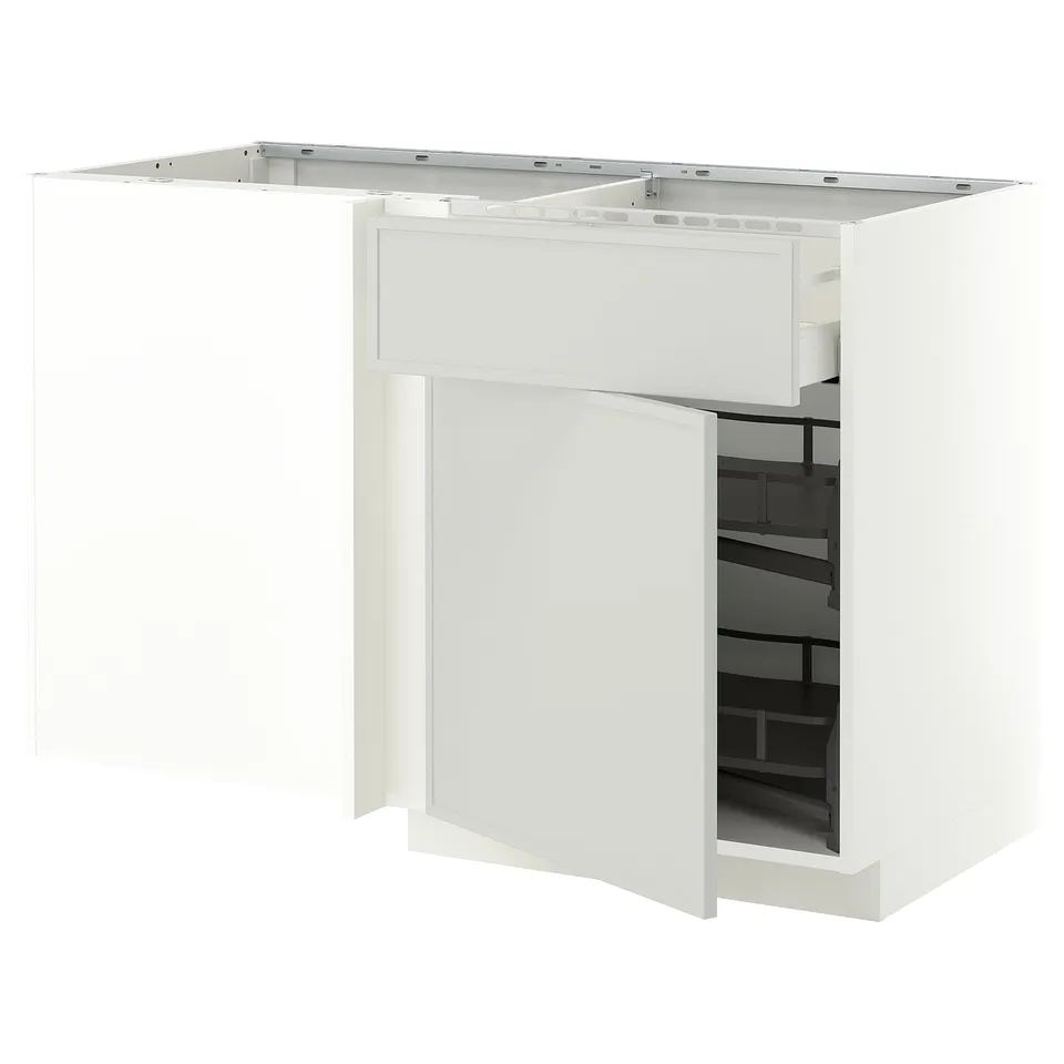 METOD / MAXIMERA Corner base cab w drawer and p-out, white/Aspudden light grey, 128x68x80 cm