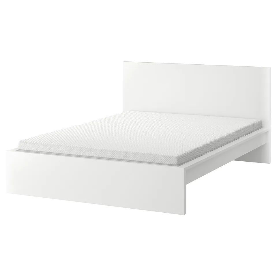 MALM adjustable bed with high headboard for various mattress thicknesses. Modern minimalist design.