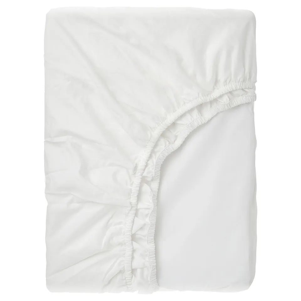 White RÖNNVECKMAL fitted sheet, crisp cotton, rectangular, elastic edges.