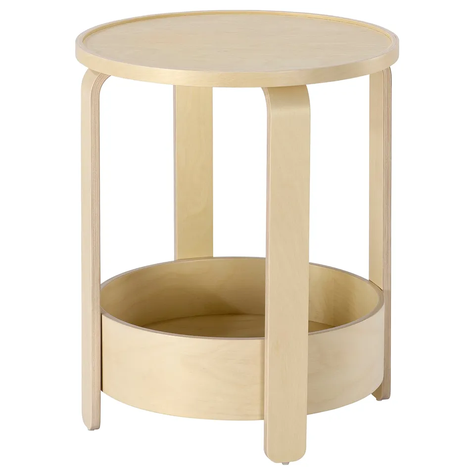Natural birch side table with circular top & bottom shelf.