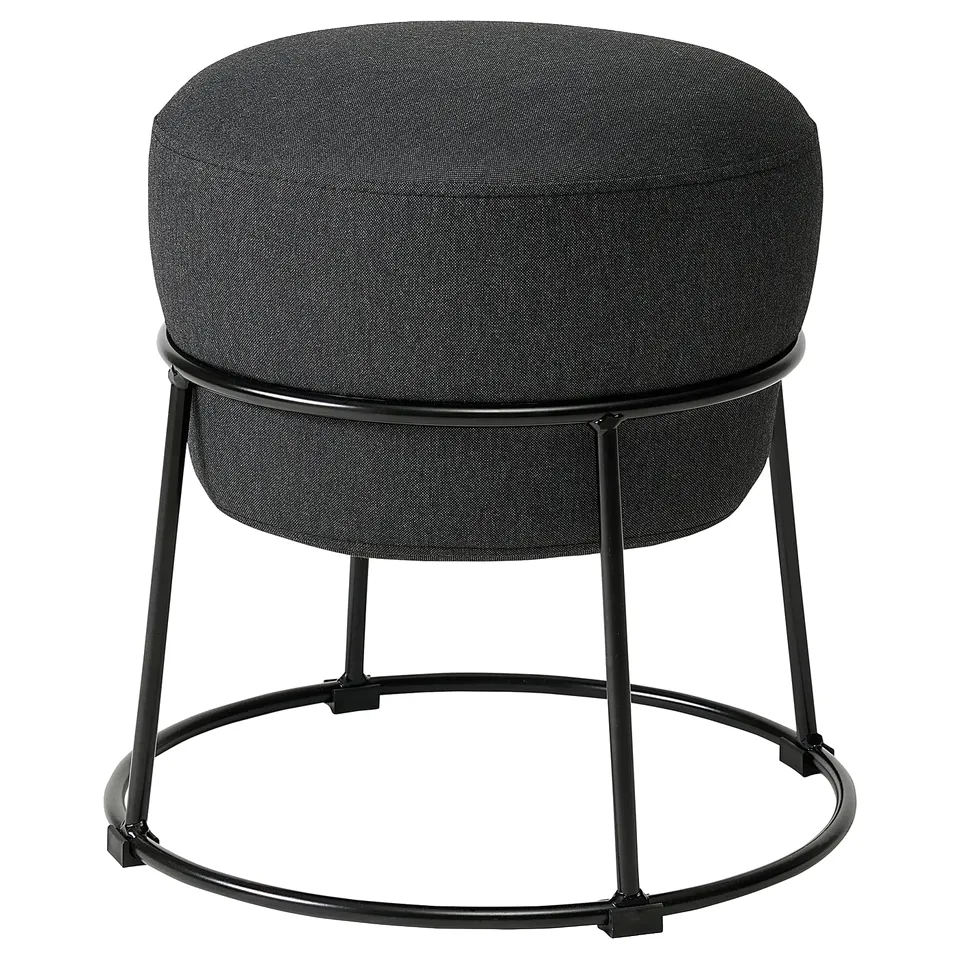 Black circular stools, EMMISLÖV, modern design, metal frame, dark grey fabric, 10-year guarantee.