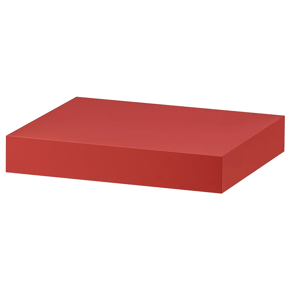 Red rectangular wall shelf, sleek design with smooth edges.