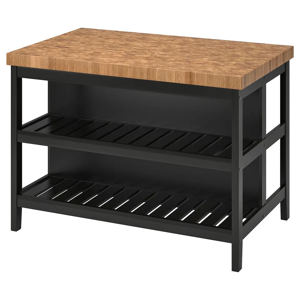 VADHOLMA: black kitchen island with wooden top. Spacious, practical storage, rectangular shape.