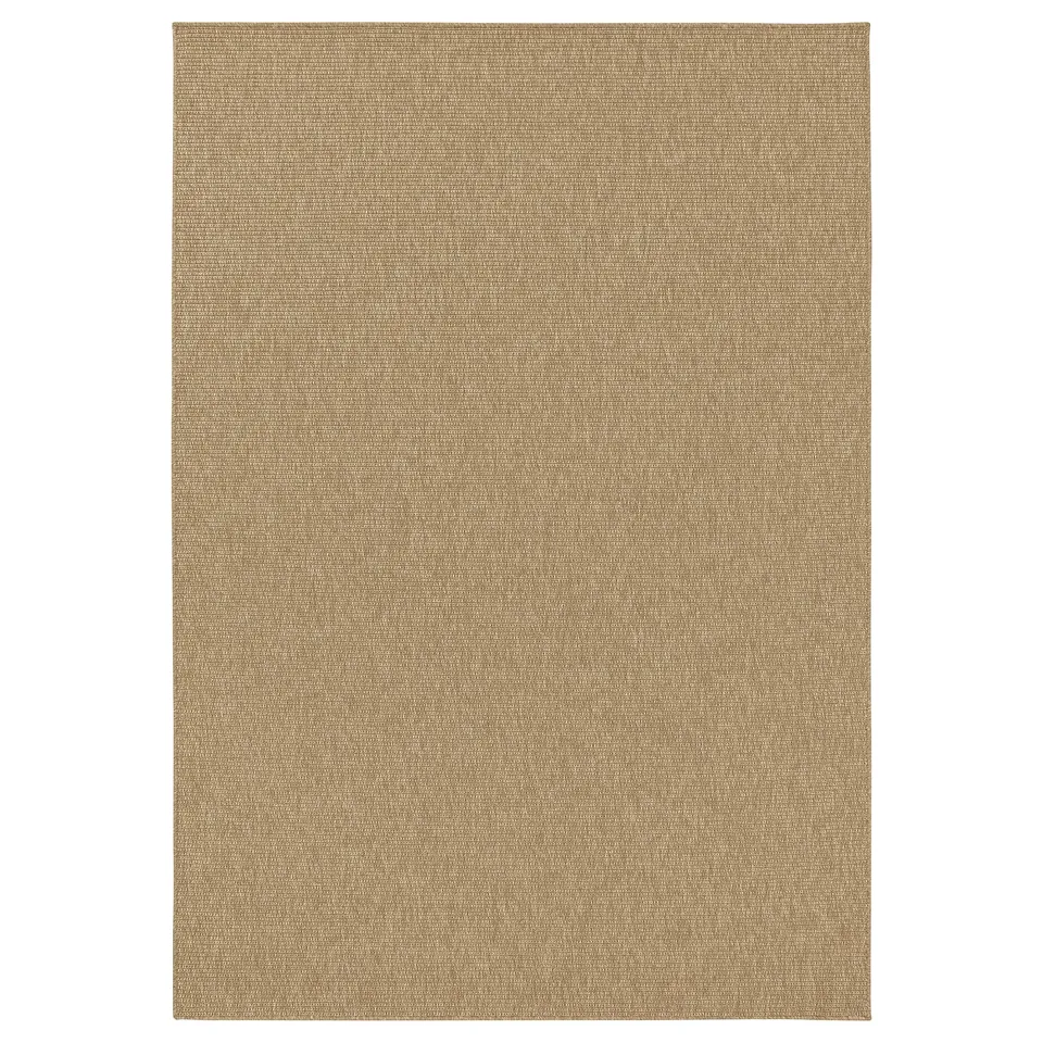 Beige and brown flatwoven rug, rectangular shape, simple design. Ideal for indoor/outdoor use.