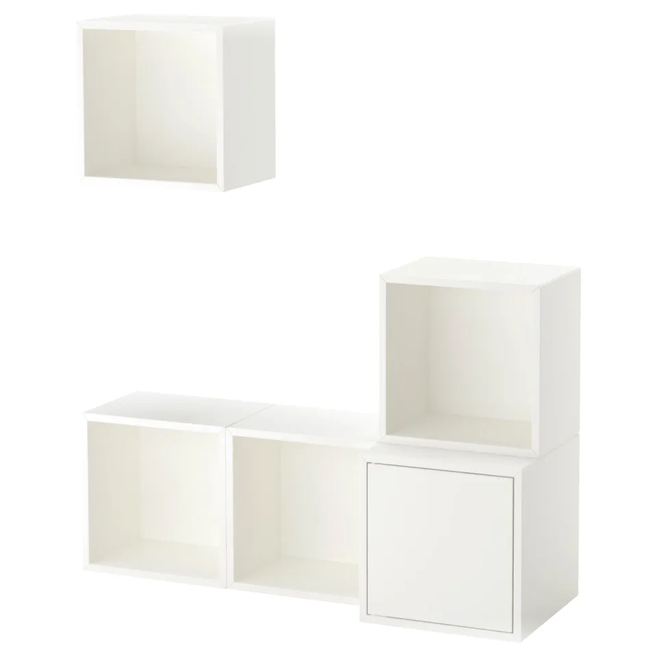 White modular cube storage units: EKET, various shapes, wall-mountable.