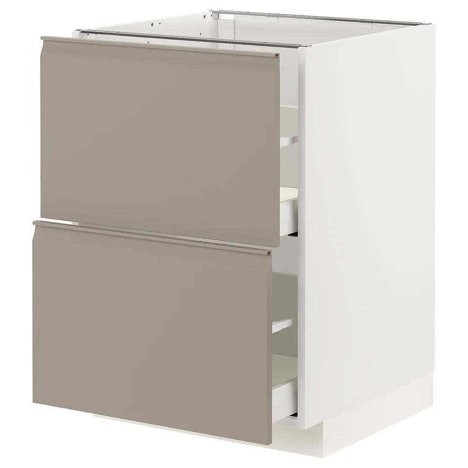 Modern kitchen unit: METOD in grey-beige with integrated handle, two drawers, sleek design.