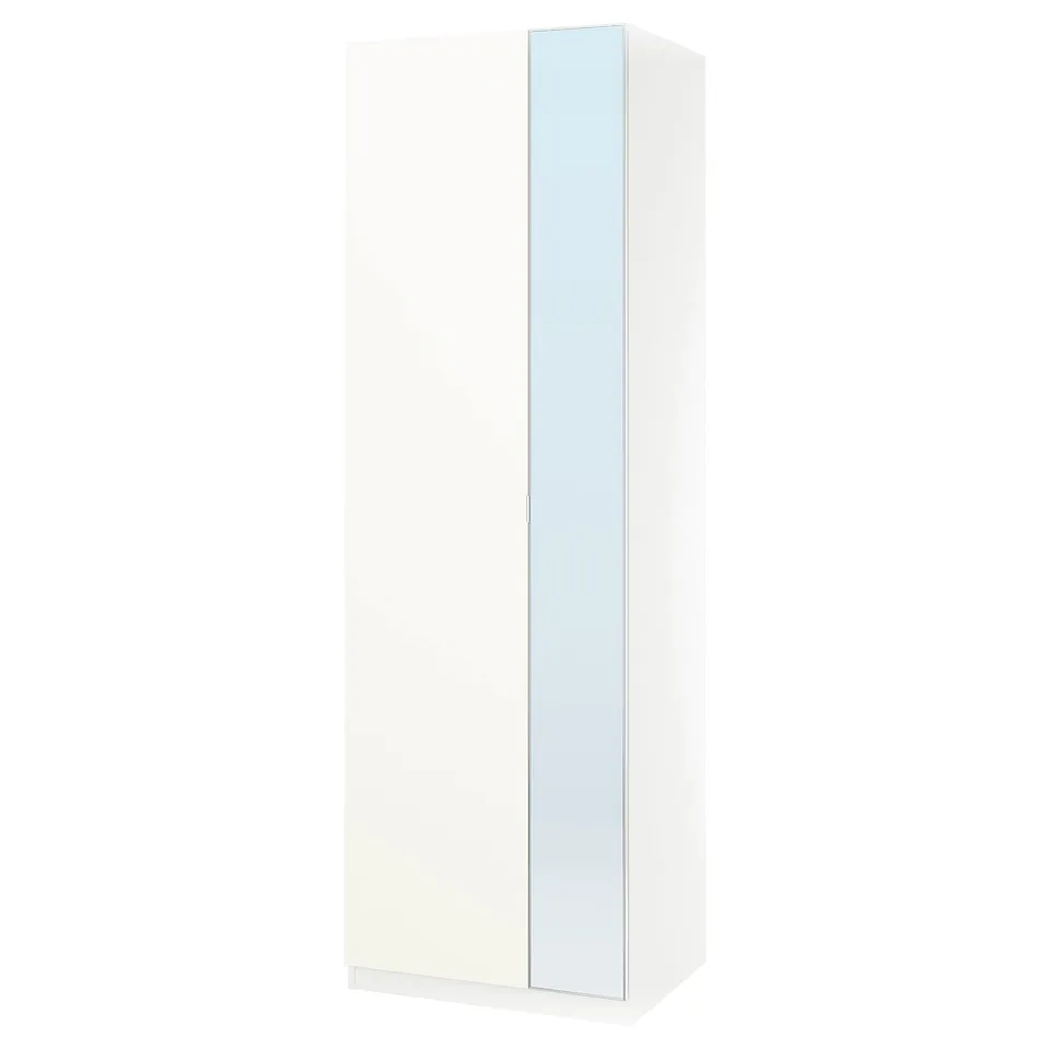 An IKEA white PAX wardrobe with a mirrored door, standing tall and narrow for efficient storage.