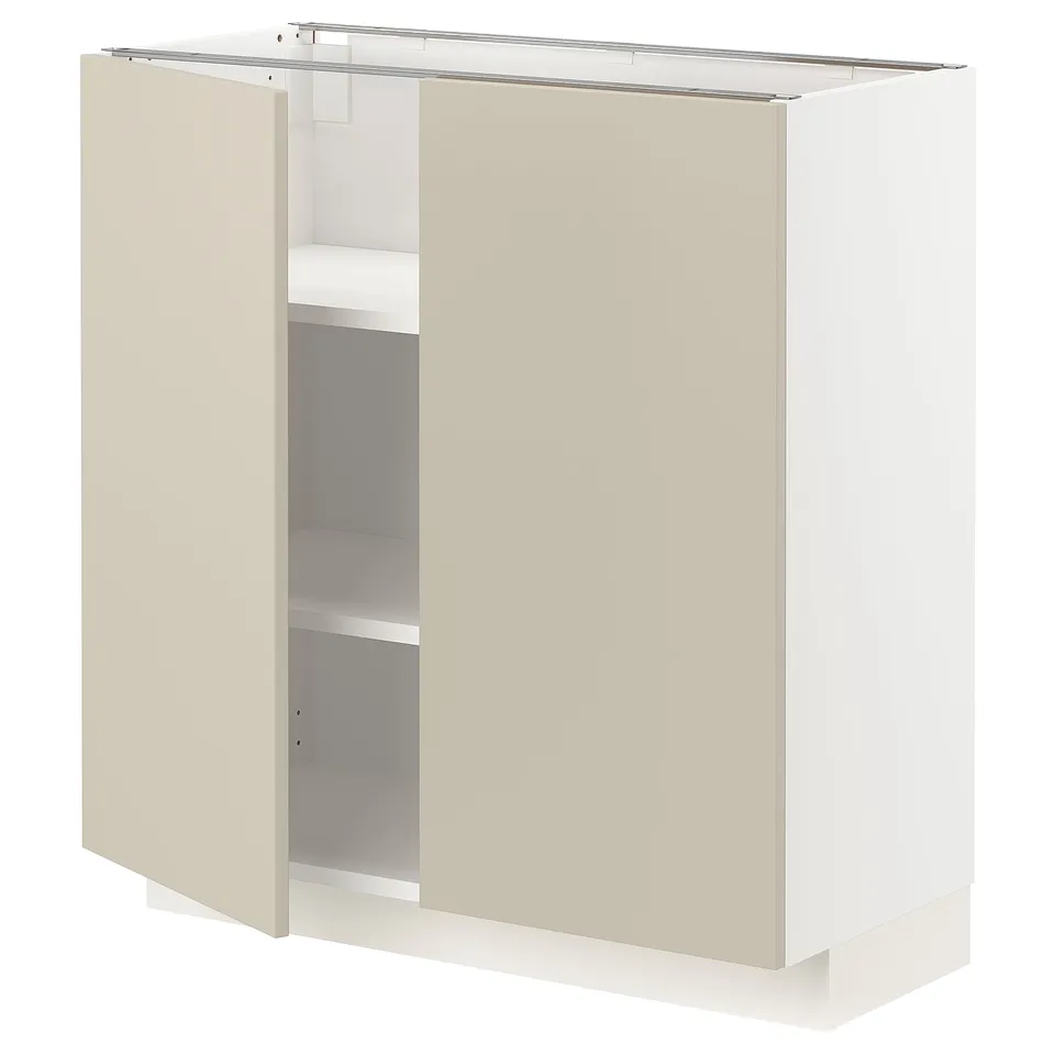 METOD kitchen cabinet in beige with adjustable shelves.