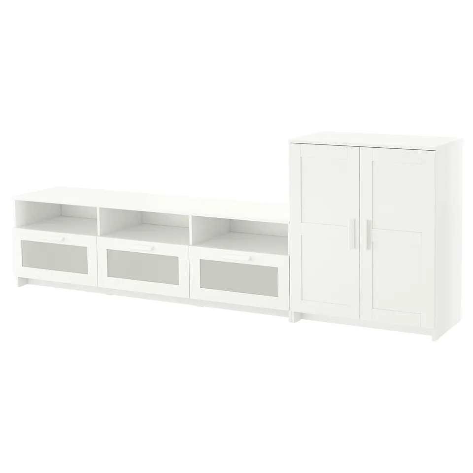 Crisp white BRIMNES tv unit & cabinet. Sleek modern design with glass doors, adjustable shelves, and cable outlets.