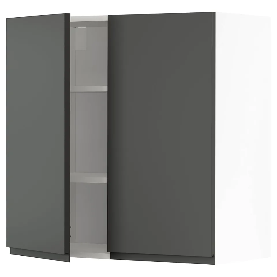 Dark grey kitchen cabinets, modern & minimalist with integrated handles. Adjustable shelves & sturdy frame.
