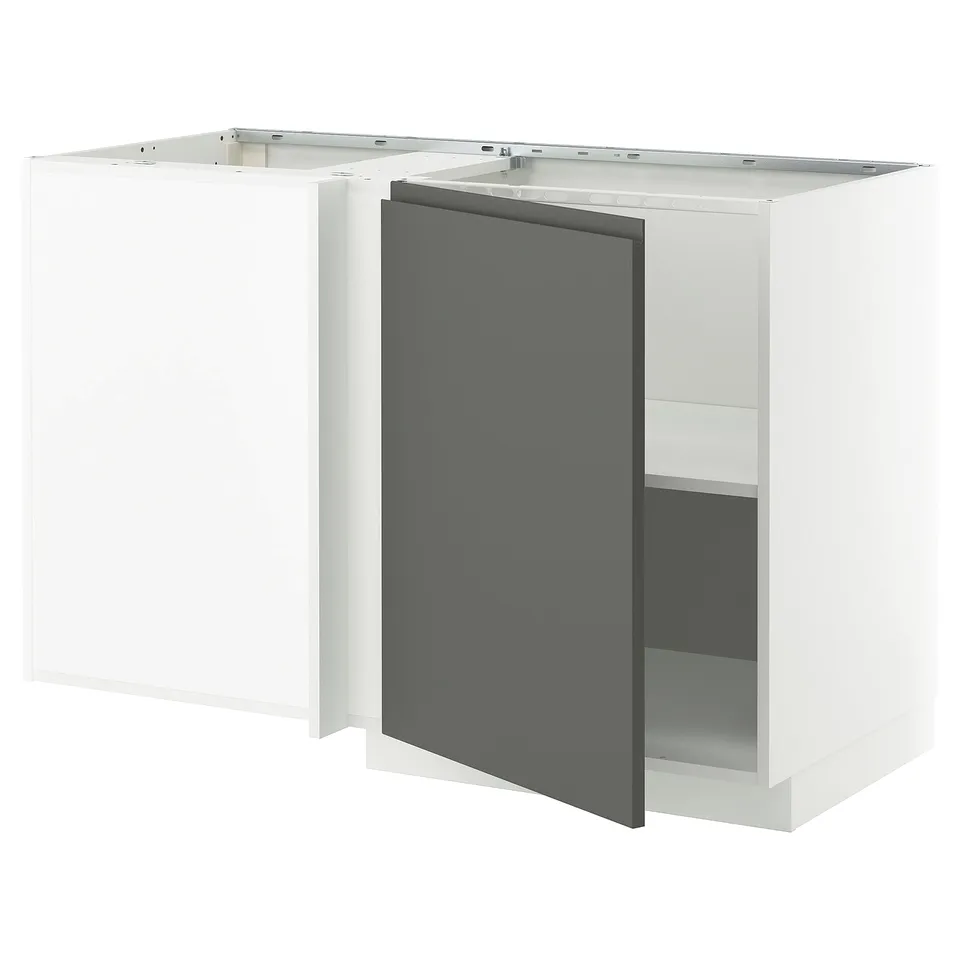 A white and dark grey modern kitchen cabinet from the METOD system by IKEA, featuring a sleek design and sturdy construction.