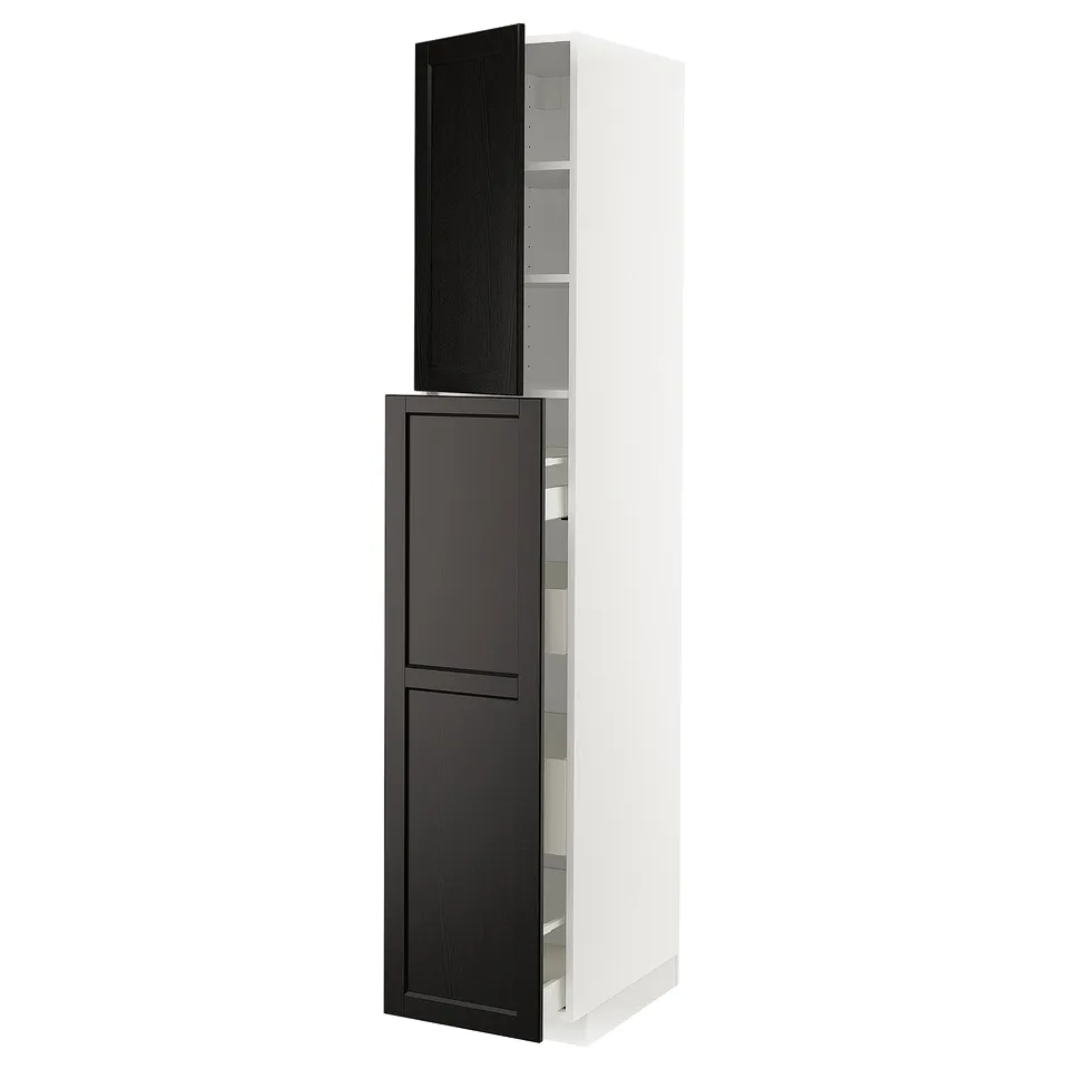 METOD kitchen cabinet, white with dark brown door, tall rectangular shape, bevelled edges.