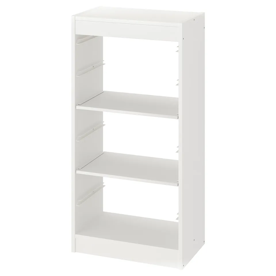 A white TROFAST storage unit, a rectangular shelf with three adjustable shelves.