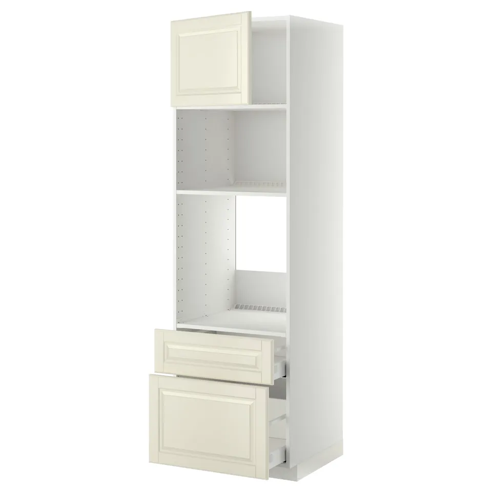 A white METOD kitchen cabinet with an off-white bevelled door and drawer. It adjustable shelves and a smooth-running drawer with dampers.