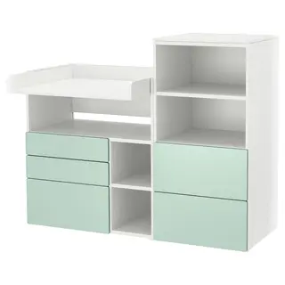 SMÅSTAD / PLATSA changing table, white light green/with bookcase, 150x79x123 cm