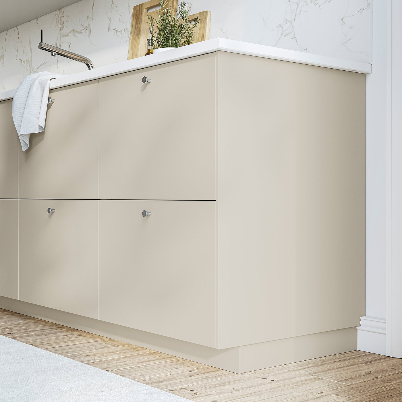 Modern beige HAVSTORP cabinet with clean lines in minimalist bathroom. Wood floor, white towels.