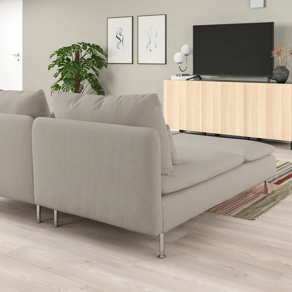 SÖDERHAMN grey sofa, modern minimalist design, large, with tv, plants, art.