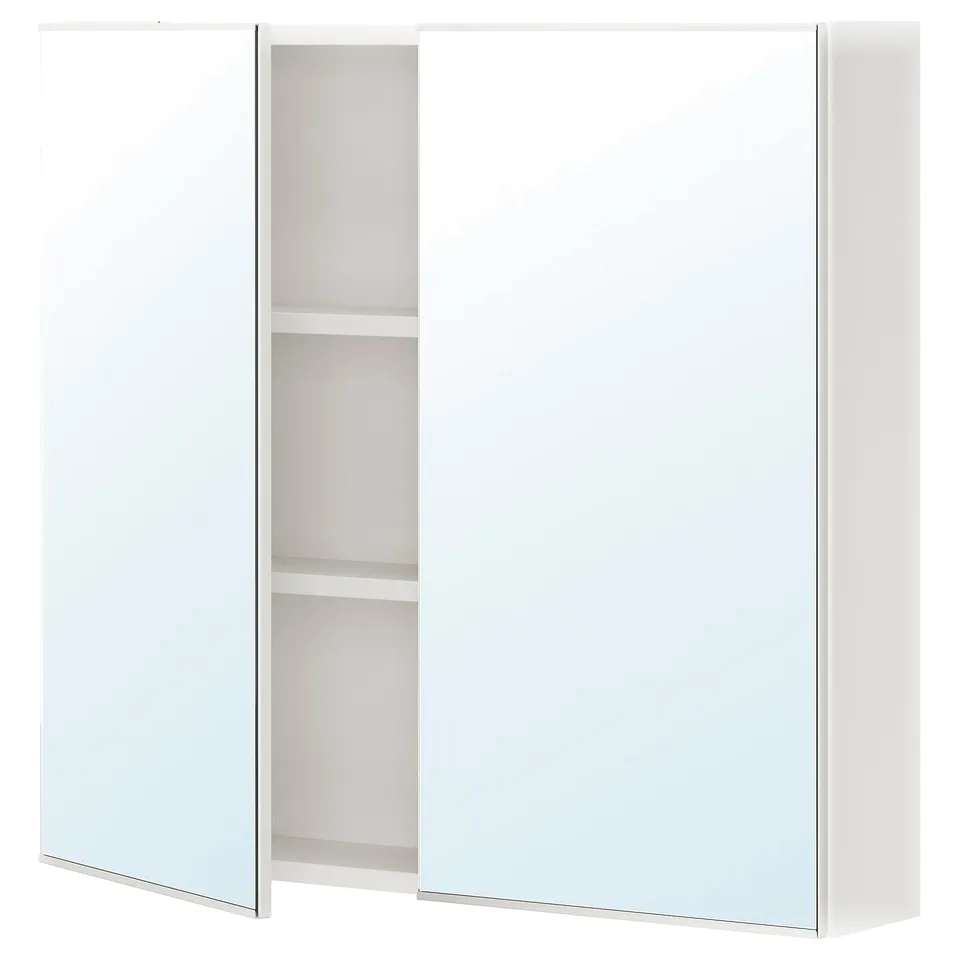 A white ENHET mirror cabinet with two doors and internal shelves, designed for bathrooms.