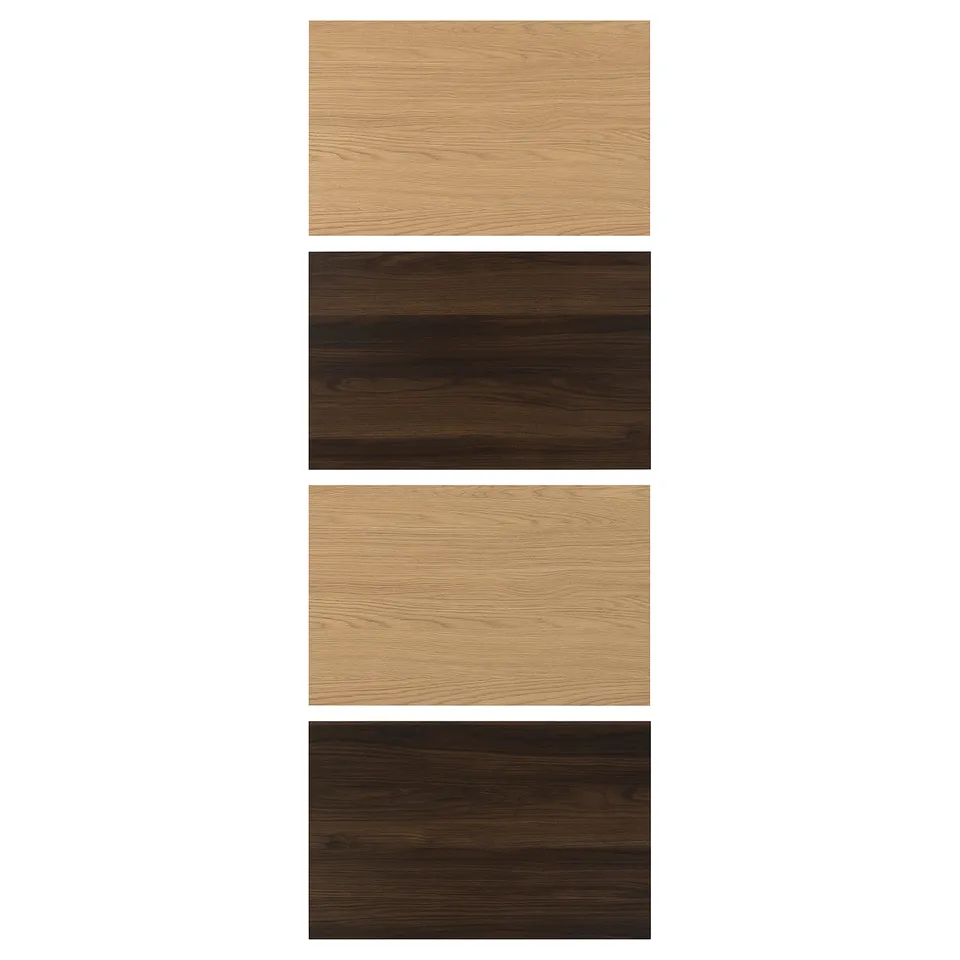 Four rectangular panels shown, top and bottom in light tan wood, middle in dark brown wood.