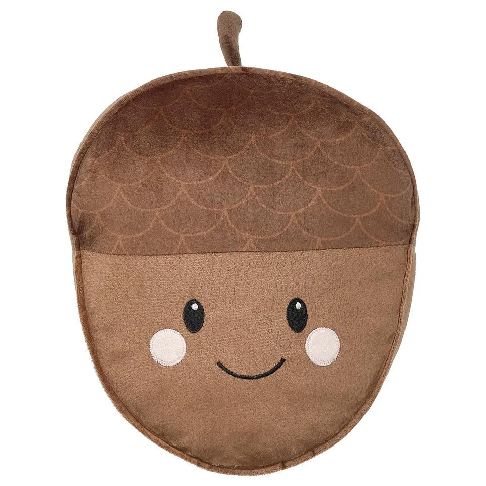 SKOGSDUVA acorn-shaped pillow, brown, soft, with smiley face, made of recycled polyester.