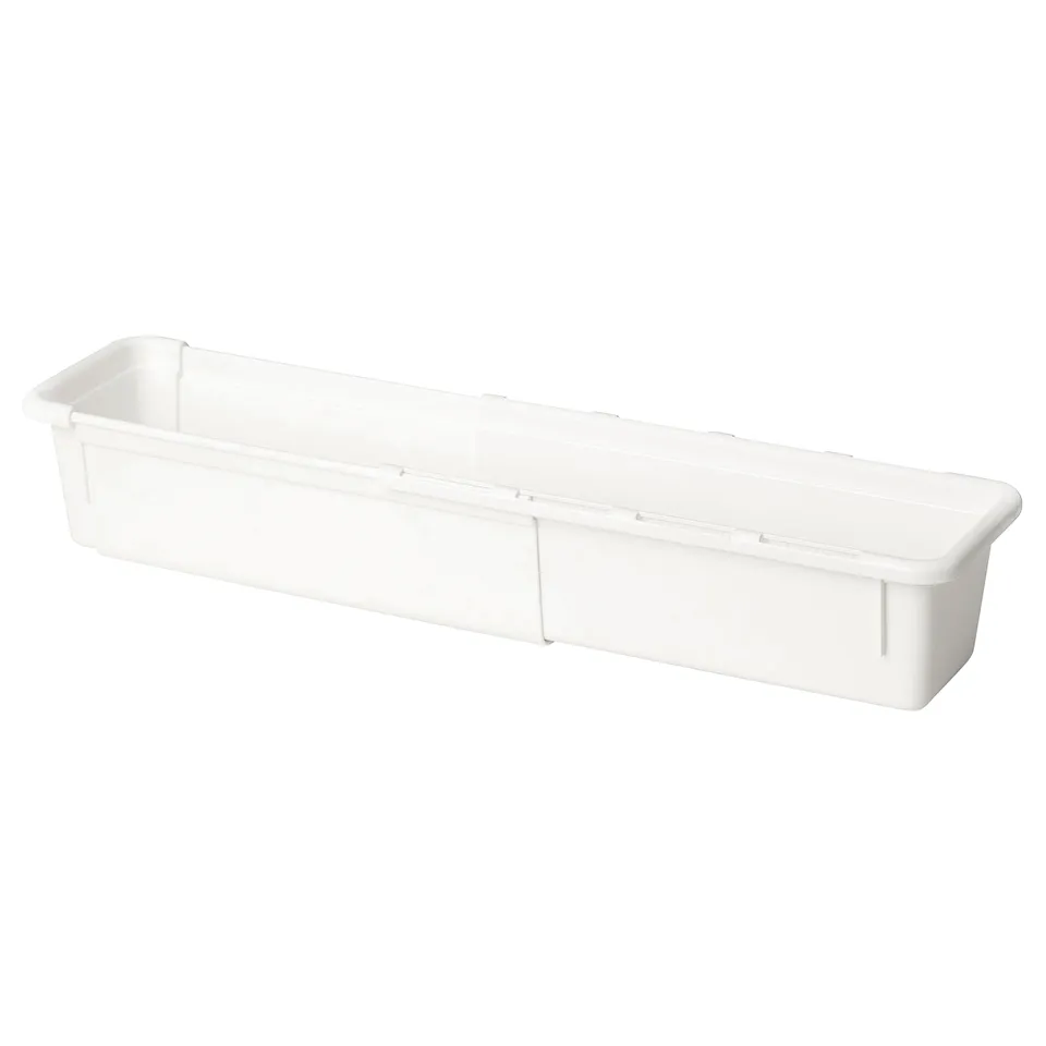 A white KACKLA extendable storage box made of polypropylene plastic, rectangular in shape, ideal for organising space.