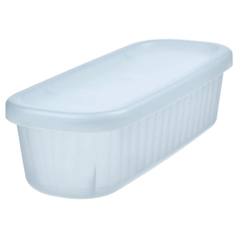 Clear plastic storage box with lid for organising small items.