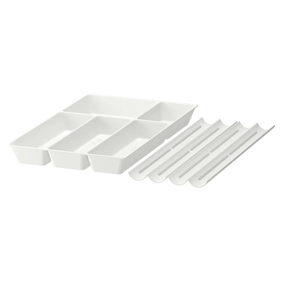 Two white UPPDATERA kitchen organisers, including a cutlery tray with compartments and a spice rack with slots.
