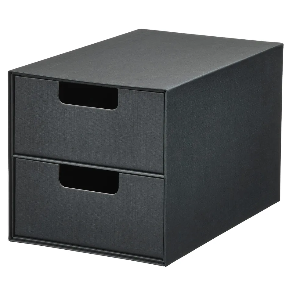 Black FJÄDERHARV mini chest with two drawers, rectangular, fabric-like texture.