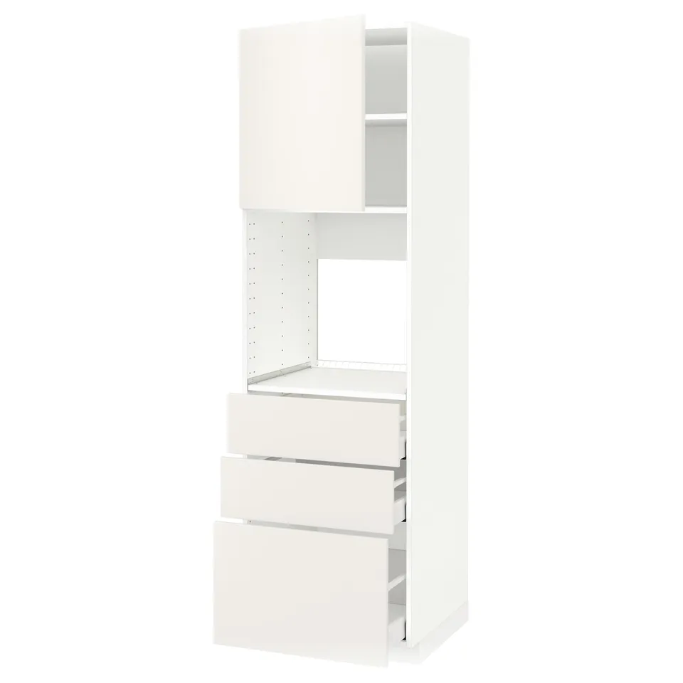 METOD white kitchen unit: sleek, tall, rectangular design featuring multiple drawers and an open shelf area at the top.