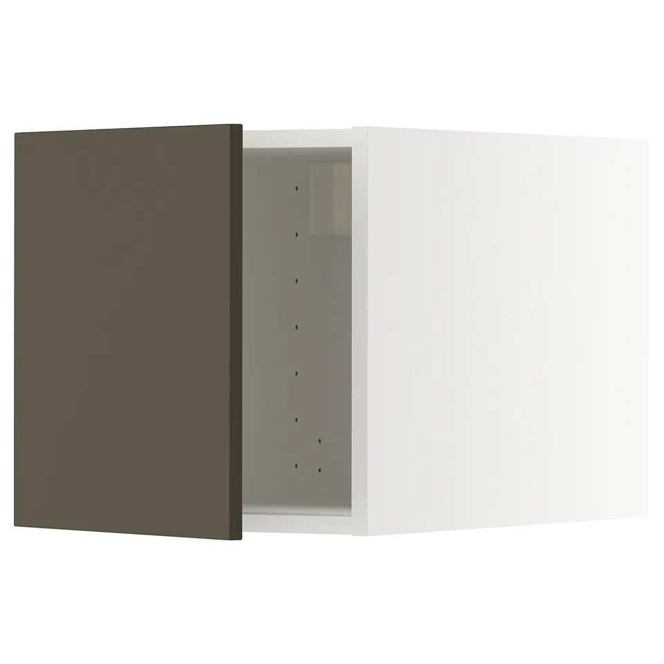 A modern kitchen cabinet in dark brown with a beige tone. It has a sleek, rectangular shape with snap-on hinges, and is part of the METOD system.
