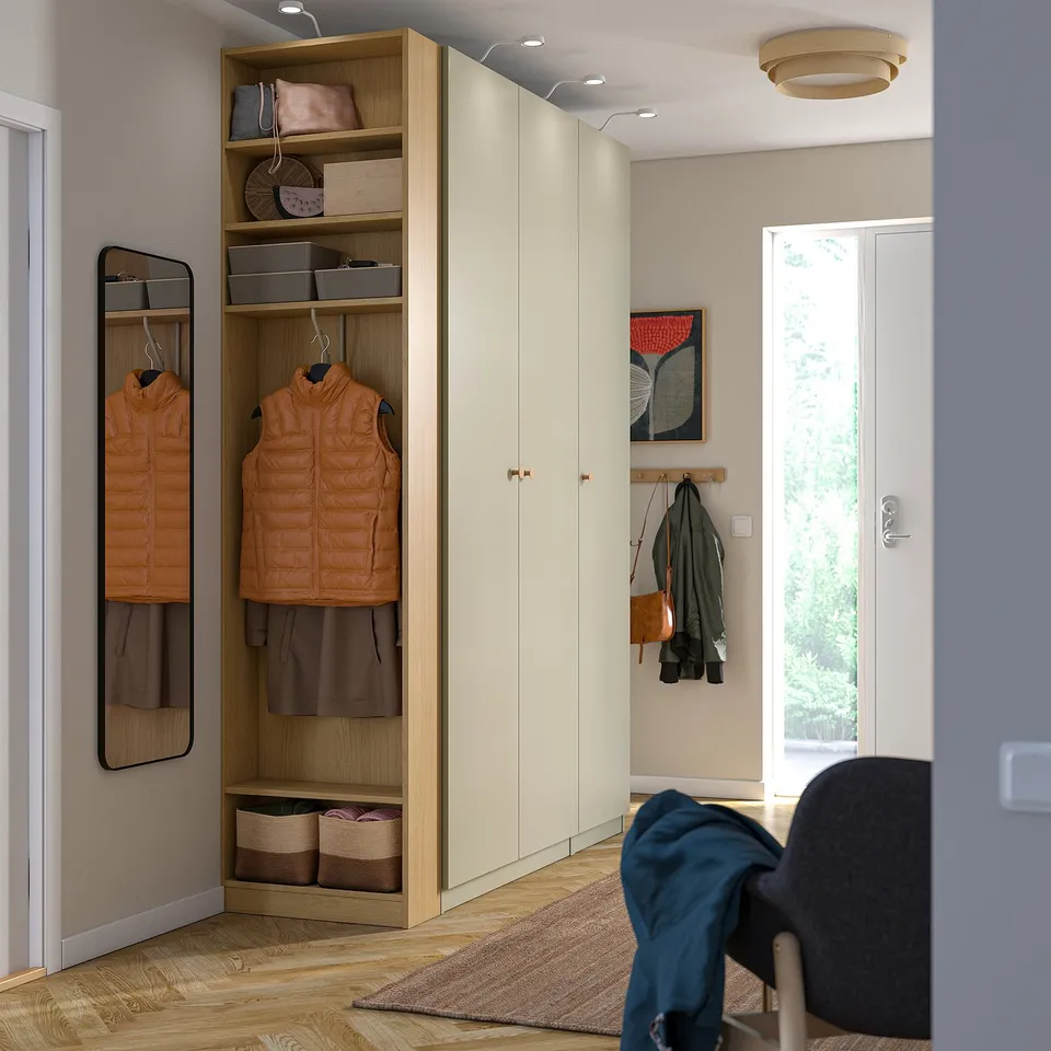 PAX / FORSAND Wardrobe combination, grey-beige grey-beige/oak effect, 170x60x236 cm