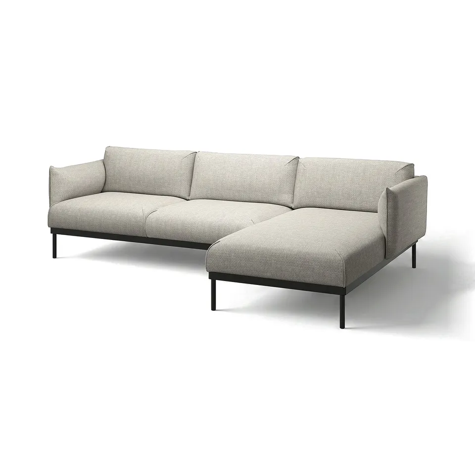 Modern grey fabric l-shaped sofa with sleek legs, providing a comfortable seating area.