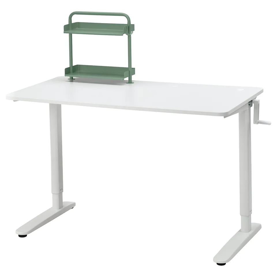 RELATERA desk, white, height-adjustable, crank handle, green shelf organiser.