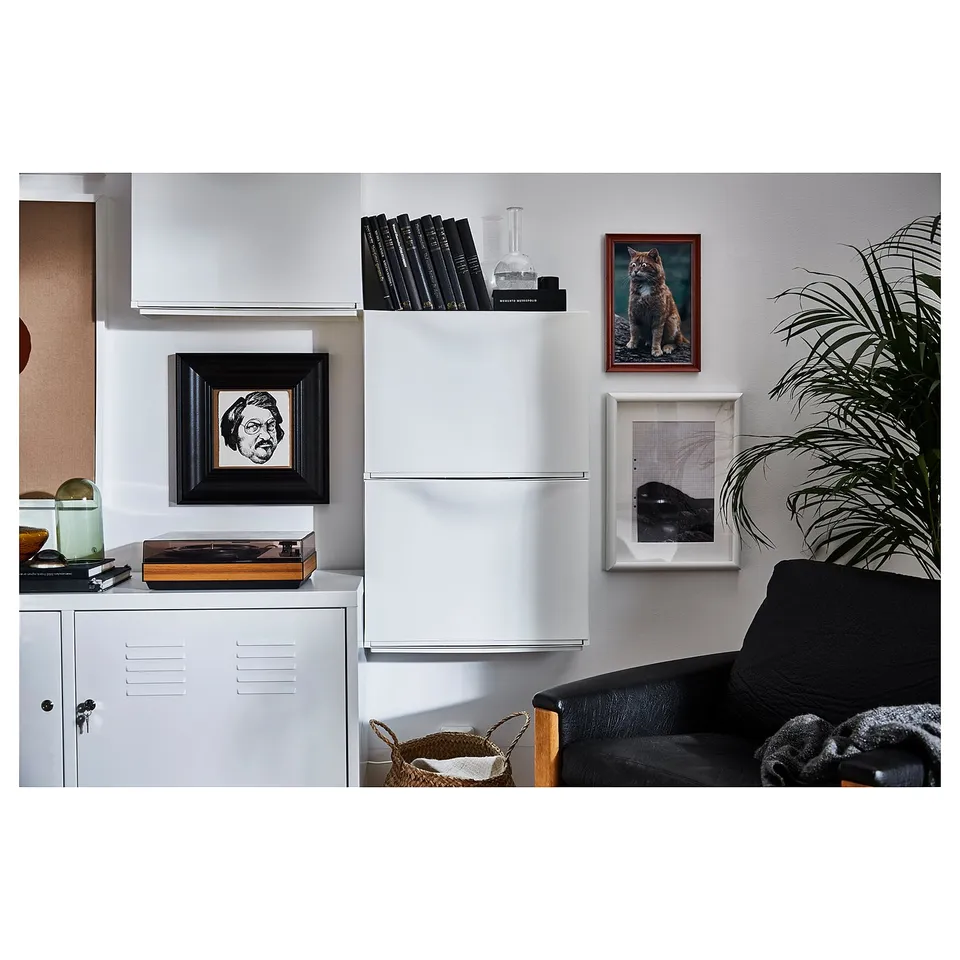 Modern room corner with white TRONES cabinet, black framed pictures, black chair, and plant.