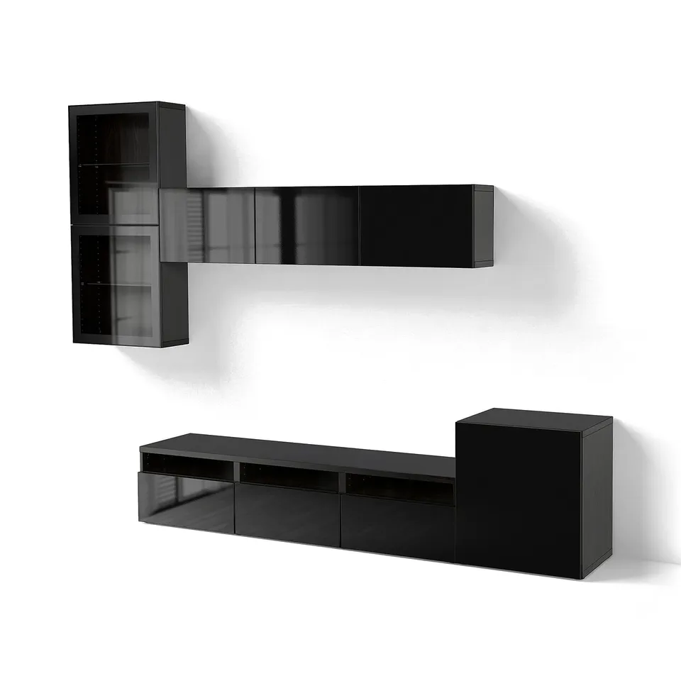BESTÅ TV storage combination/glass doors, black-brown/Selsviken high-gloss/black clear glass, 300x42x211 cm