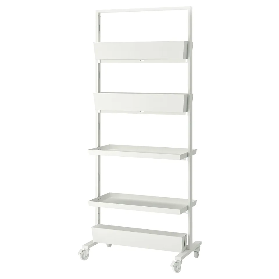 MITTZON: white mobile shelving unit with 4 shelves and wheels for flexible space division and greenery.