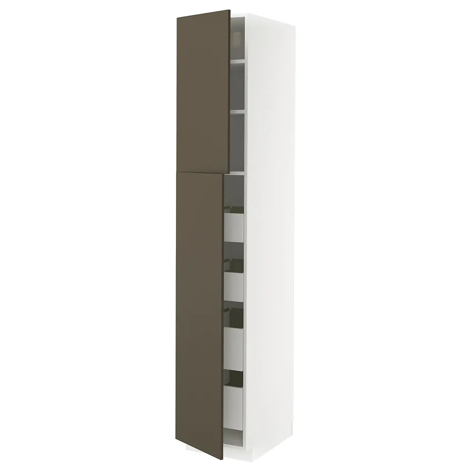 Dark brown and beige kitchen cabinet with adjustable shelves. Tall, rectangular design. Open to show internal storage.