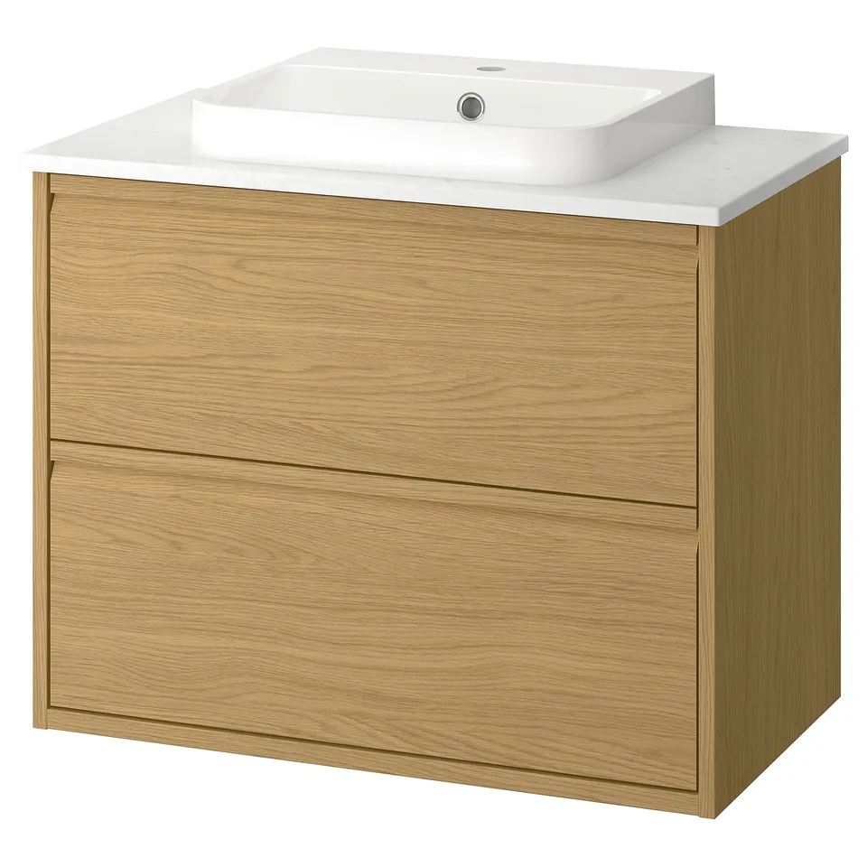 A modern oak bathroom vanity with a semi-recessed white marble sink. Two drawers provide storage.