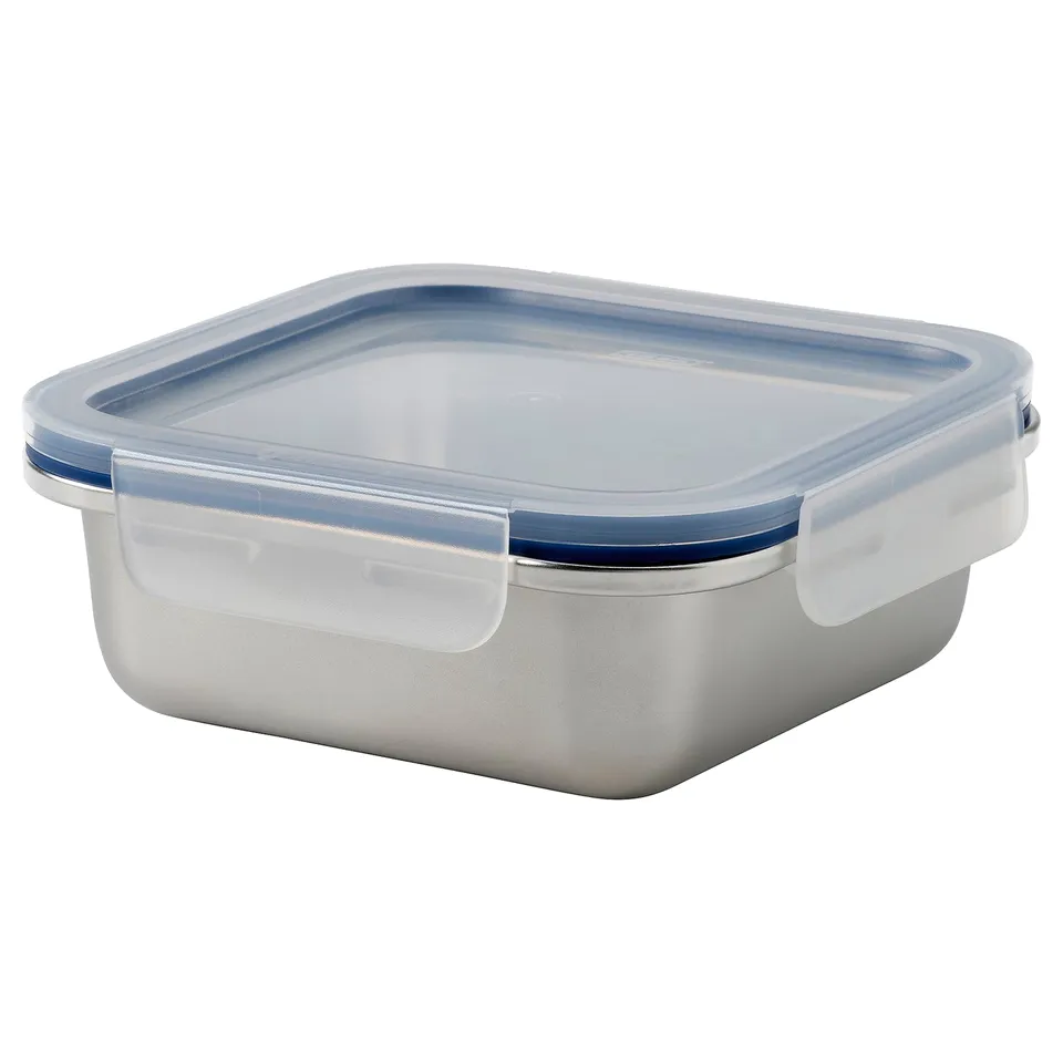 IKEA 365+ silver square stainless steel food container with blue lid.