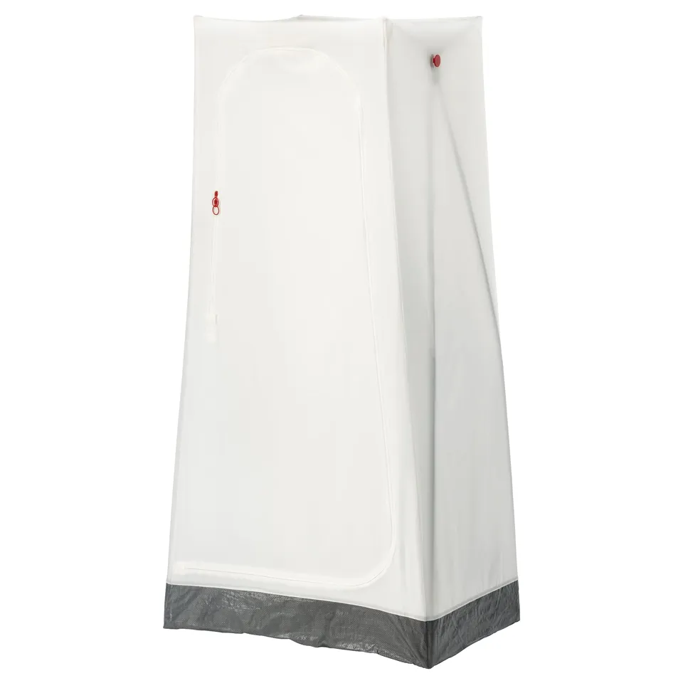 White VUKU wardrobe, tent-inspired, mesh panels, grey base, rectangular shape.