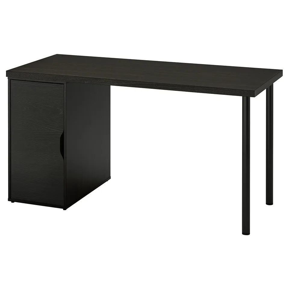 Black desk with storage cabinet. Simple modern design. Metal legs. One small door. Suitable for small spaces.