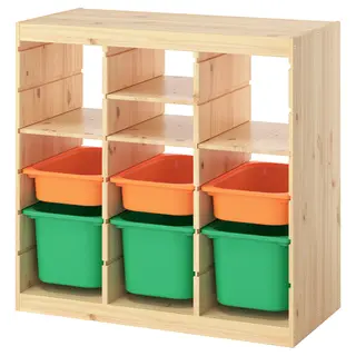 TROFAST storage combination, with shelves/boxes room divider/light white stained pine light orange bright green, 93x44x91 cm