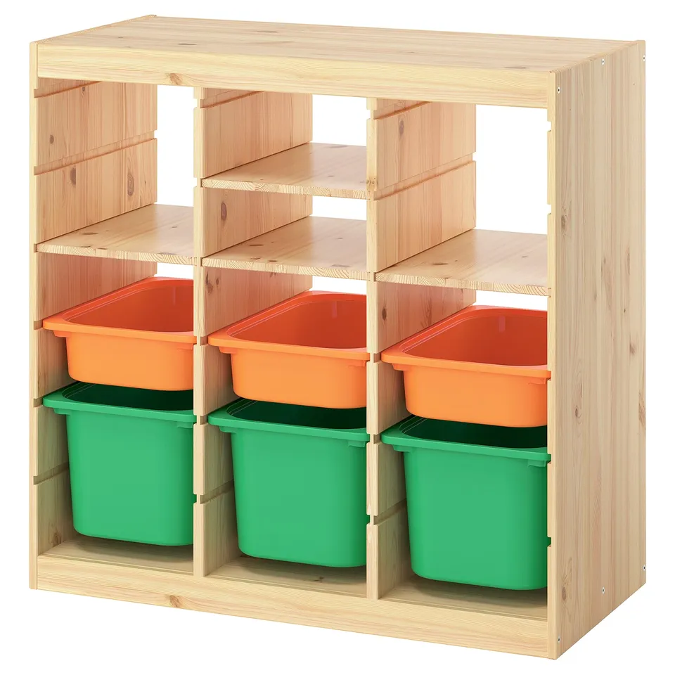 TROFAST Storage combination, with shelves/boxes room divider/light white stained pine light orange bright green, 93x44x91 cm
