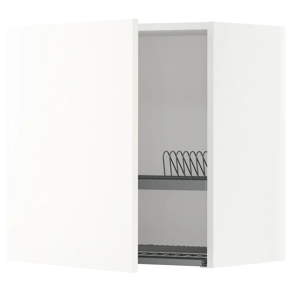 Open off-white METOD kitchen cabinet with wire shelf and dish rack. Modern, minimalist design.