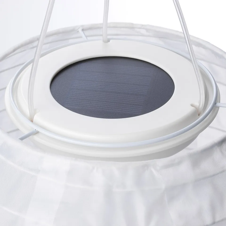 SOLVINDEN solar-powered lamp, white with grey shade, hanging. Modern, eco-friendly design.