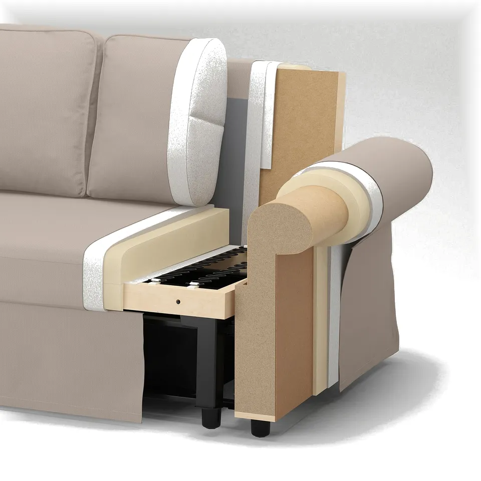 A sectioned sofa with layers: fabric cover, foam cushions, particleboard & solid wood frame, metal rail.