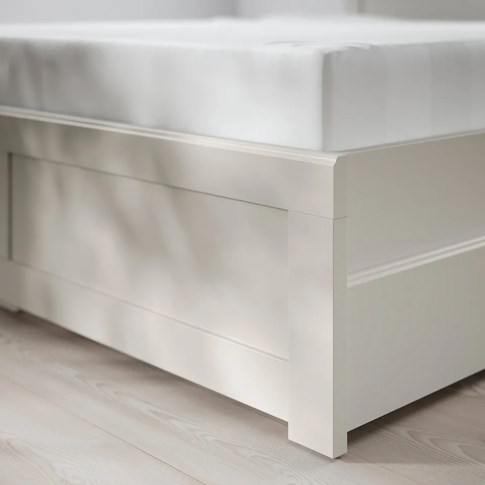 FÅGELFJÄLLET Bed frame with 4 storage boxes, off-white/Luröy, 180x200 cm