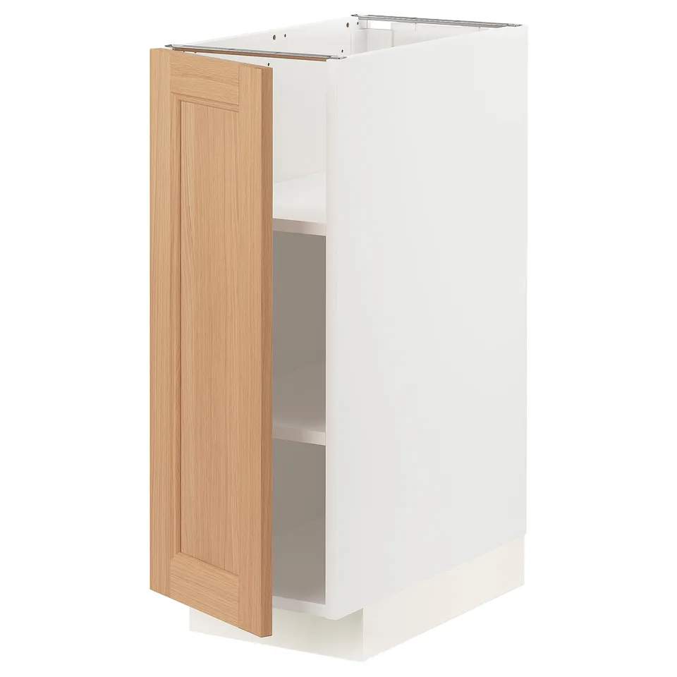 METOD kitchen cabinet in white and light wood. Tall, rectangular shape. One door open. Clean, modern design.